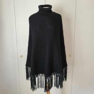 Dana Buchman Poncho Sweater Extra Fine Merino Wool Leather Fringe Western Black